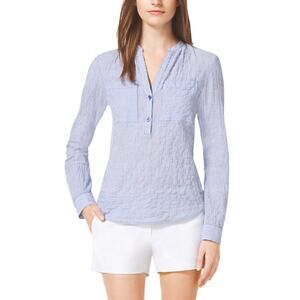 Michael Kors Blue White Pinstripe Long Sleeve Popover Blouse Size M